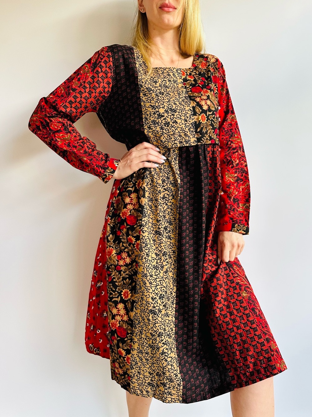 New Los Banditos Patchwork Boho Cotton Midi Dress Red Floral Long Sleeve - Picture 4 of 11